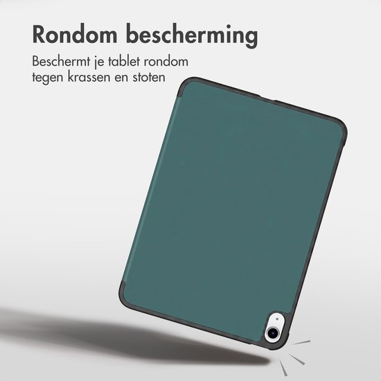 Housse de tablette vert foncé, vue de face en biais, avec le texte 'Protection intégrale'.