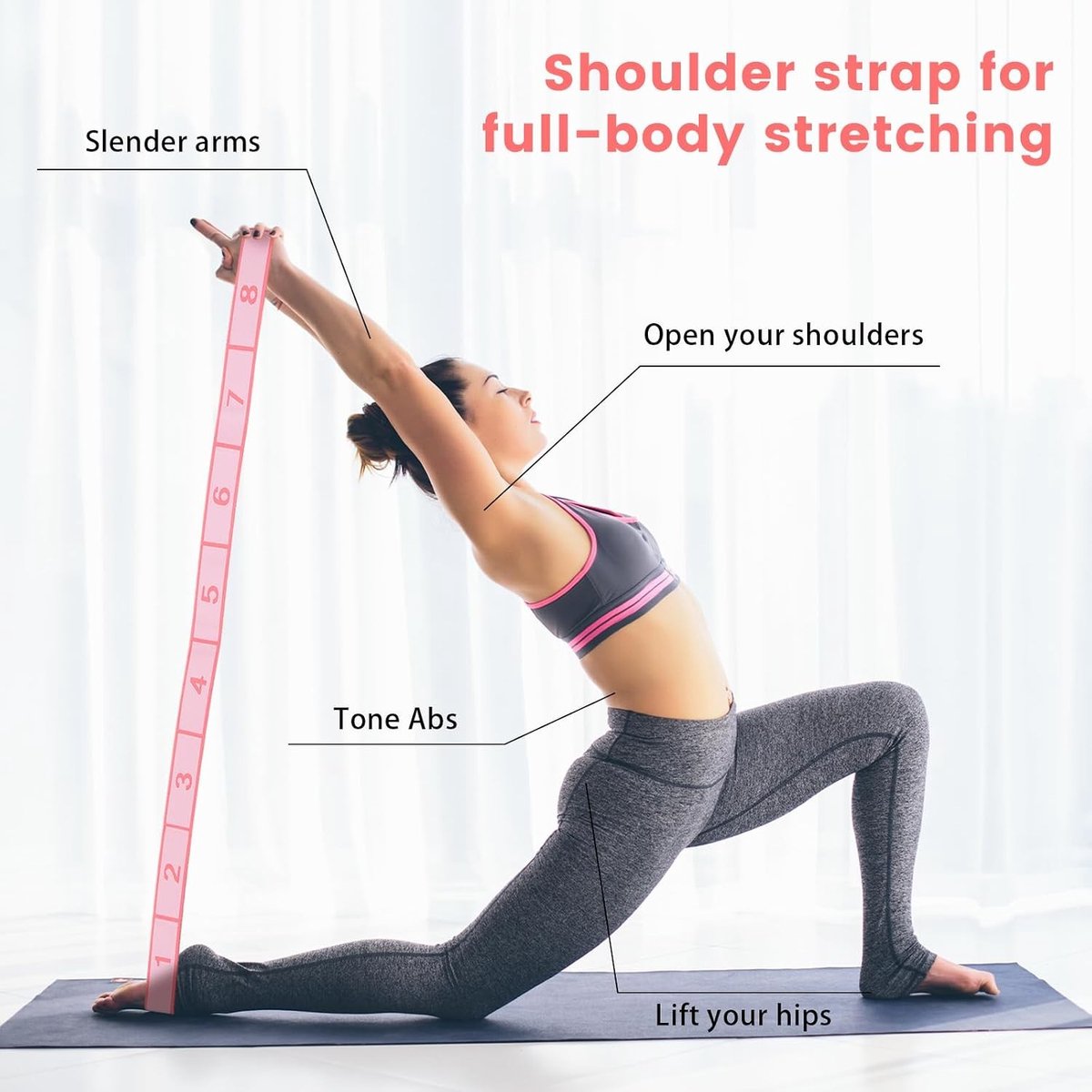 Complete Yoga Accessoires Set met Verstelbare Fitnessriem van 90 cm, Weerstandsband, Handdoek en Antislip Sokken voor Stretching, Pilates en Dans