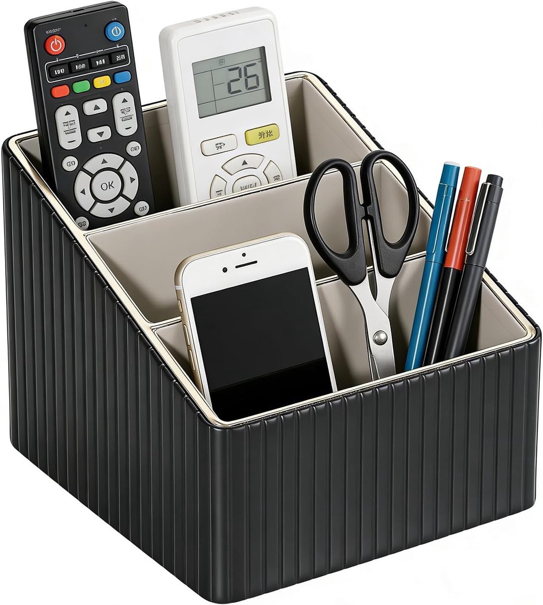 Remote Control Organizer met 3 Compartimenten van PU Leer voor TV, DVD en 4K Stick - Praktische Opberghouder voor Thuis en Kantoor
