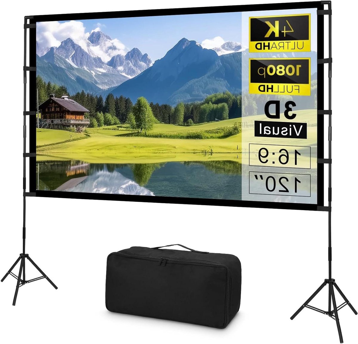 Projectorscherm Met Standaard - Draagbaar Filmdoek - Buiten Bioscoop - Kreukvrij Melkzijde - 120 Inch 16:9 - Zwart