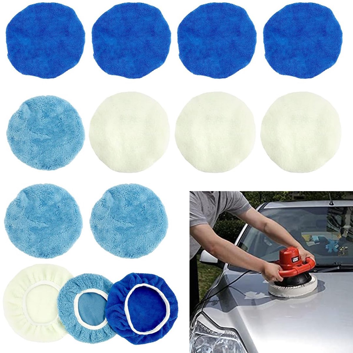 SnelShoppen - 10-delige Polijstkap Set voor Auto en Motorfiets, Herbruikbare Polijstcaps met Wol, Microvezel en Koraalfleece, 180-200 mm, Eenvoudig Po