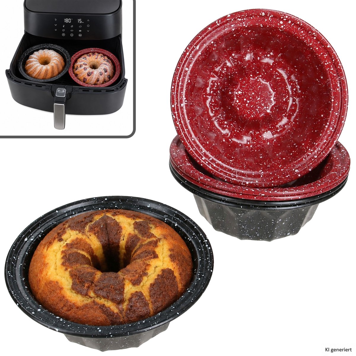 Set van 6 CUCI mini-gugelhupfvormpjes, rond, Ø 12,3 cm, 3x zwart & 3x rood, van staal – 170492740