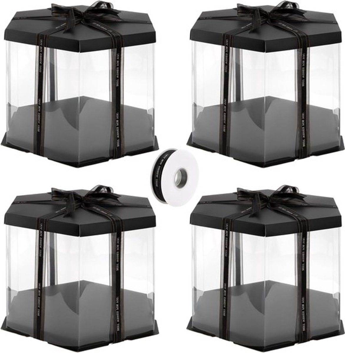 Transparante Hexagonale Taartdozen 30x30x25cm - 4 Stuks voor Taartvervoer, Verjaardagen en Feestjes met Zwarte Basis en Band