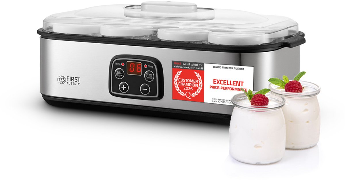 Bol.com TZS First Austria Yoghurtmaker - 25W - Timer - Inclusief 8x180ml glazen potjes - Zilver aanbieding