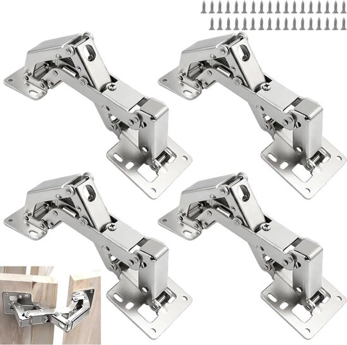 Set van 4 Soft Close Scharnieren met 170 Graden voor Keukenkastdeuren - Geen Voorboren Nodig, Ideaal voor Meubels, Kasten en Opbergdozen