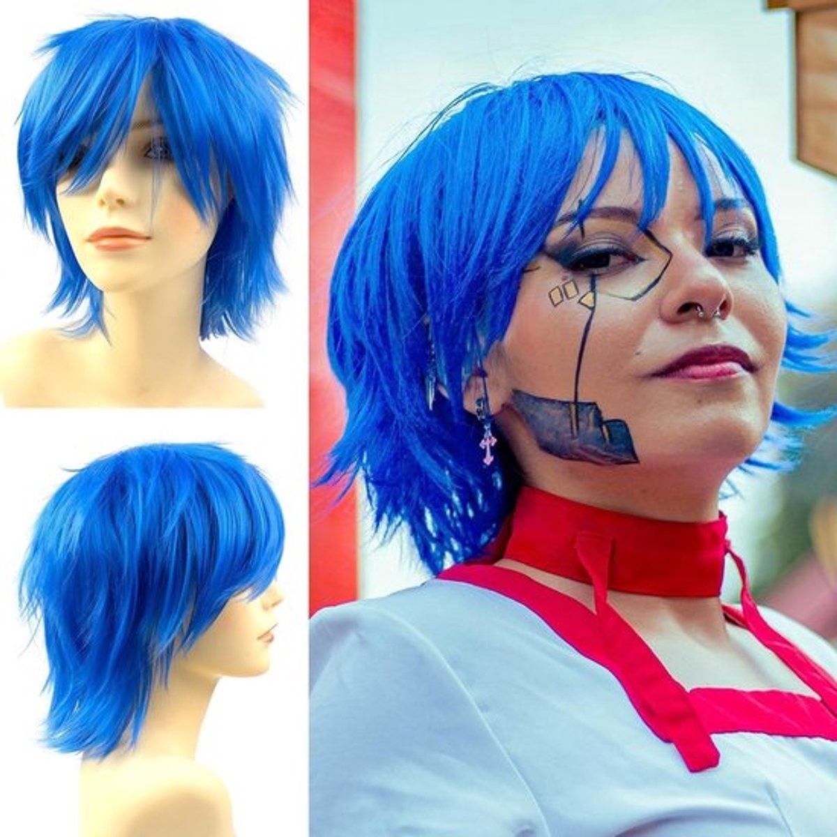 Cosplay Anime Pruik met Kort Haar in Neonblauw voor Mannen en Vrouwen, Perfect voor Halloween en Carnaval