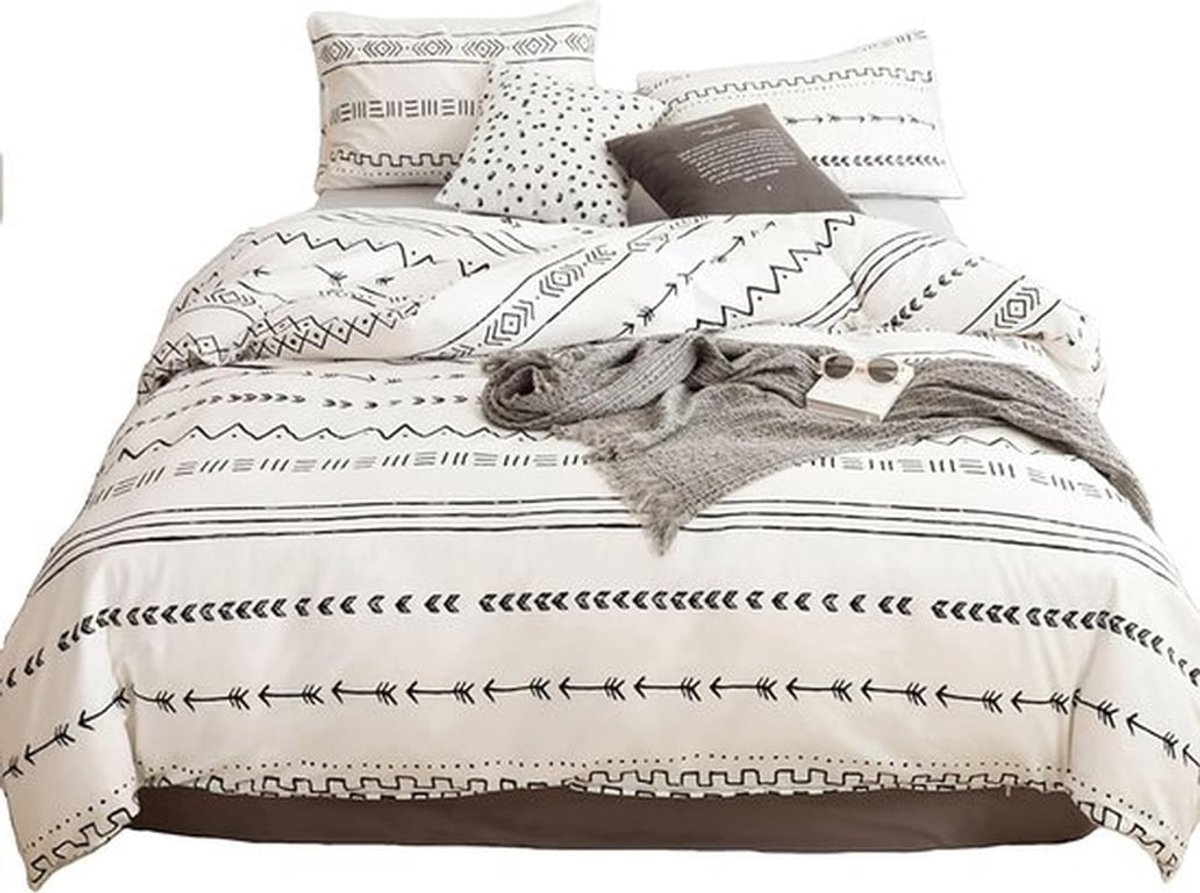 Luxe beddengoed set met rits, 100% polyester, wit gestreept patroon, dekbedovertrek 180 x 220 cm, hoeslaken 230 x 230 cm en 2 kussenslopen 48 x 74 cm, perfect voor een stijlvol interieur