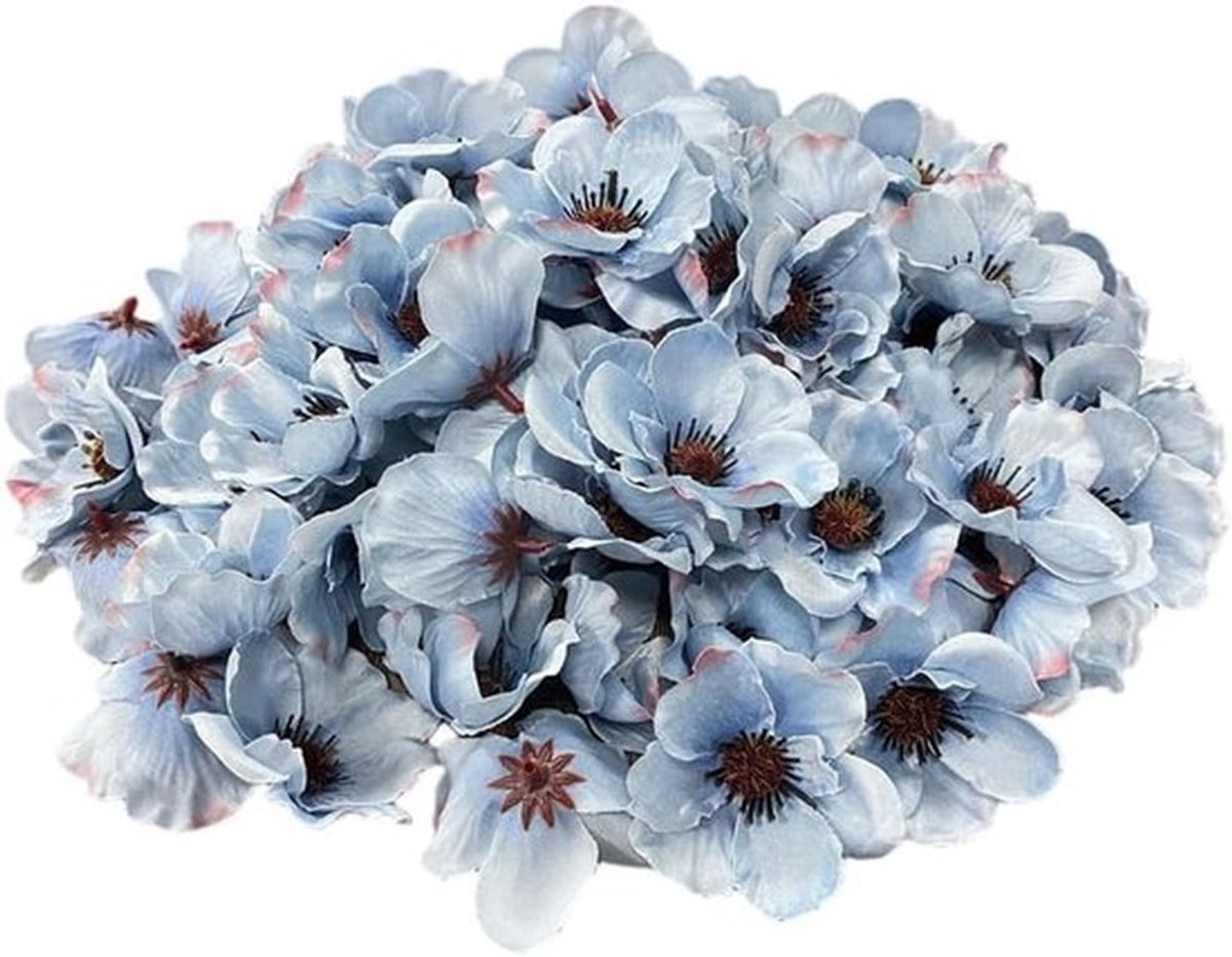 100 Stuks Kunstzijde Poppy Anemoon Bloemkoppen voor Herfstdecoratie, Vaasvullers en Bruiloftcorsages, Perfect voor Wanddecoratie en Taartornamenten (Blauw)