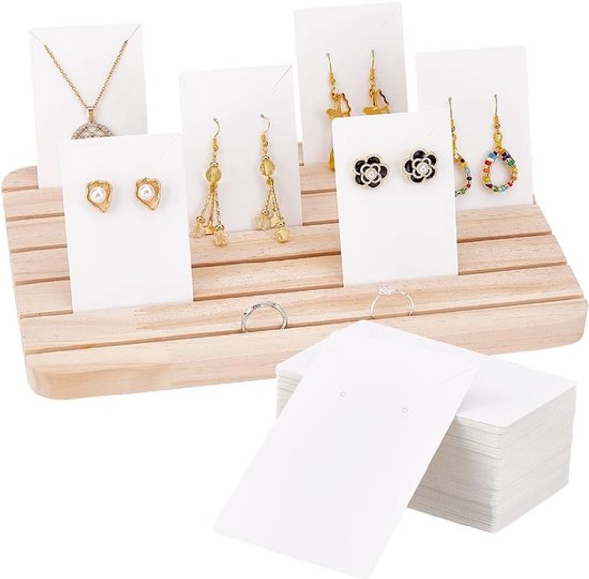 Houten Displaystandaard voor Sieraden met 6 Slots, Oorbellen en Ringen Houder, Inclusief 100 Stuks Displaykaarten voor Thuis en Winkel, 10.9 x 6.6 Inch
