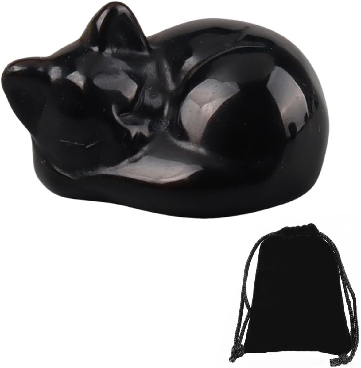 Obsidian kat beeldje - natuurlijke zwarte obsidiaan - schattige slapende kat - perfect cadeau voor kattenliefhebbers - ShopVlot