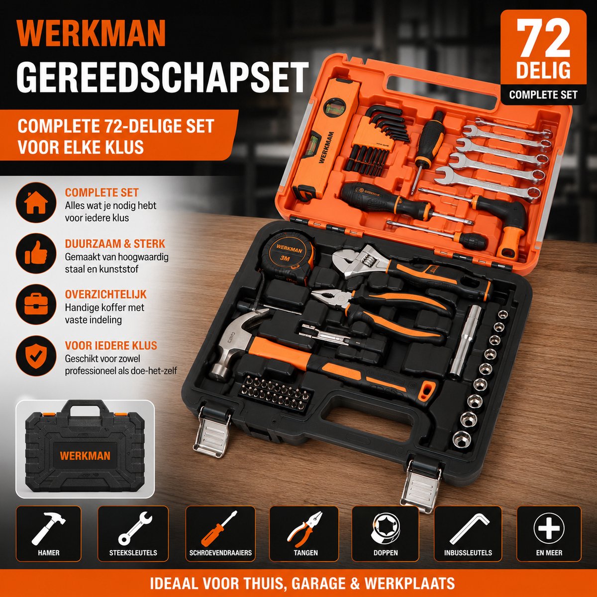 WERKMAN Gereedschapskoffer 72-delig – Complete Gereedschapset – Inclusief Koffer – Voor Thuis, Garage & Werkplaats