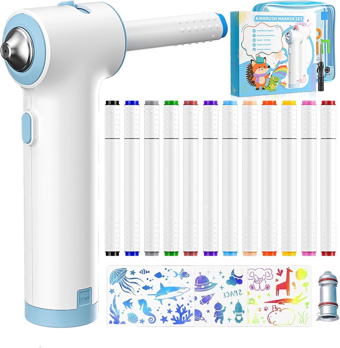 SnelShoppen - YAOBLUESEA Airbrush Textielstiftenset met 12 Wasbare Markeer Stiften, Dubbele Punt, 3 Sjablonen, 1 Airbrush Marker, Perfect voor Kindere
