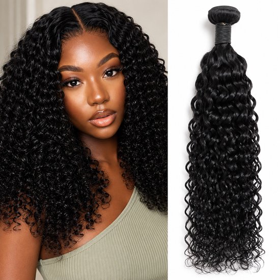 Zwarte watergolf haar extensies van 100% Remy mensenhaar, 50 cm lang, met diepe krullen.