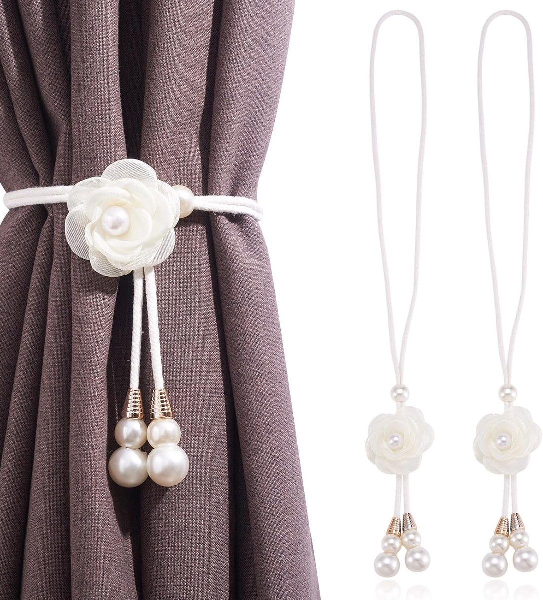 SnelShoppen - 2 Stuks Bloemengordijn Tiebacks Verstelbare Bloem Gordijn Holdbacks met Parelkralen, Beige Polyester Katoenen Touw voor Woonkamer en Sla