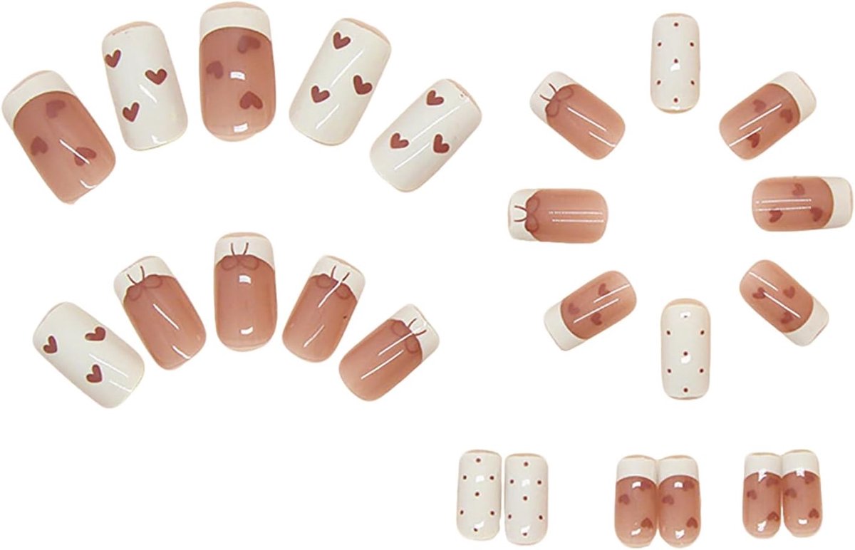 SnelShoppen - Press On Nails Set van 24 Amandelvormige Korte Franse Nagels met 3D Hart en Strik Ontwerp, Kunstnagels van Zacht Gel, Perfect voor Feest