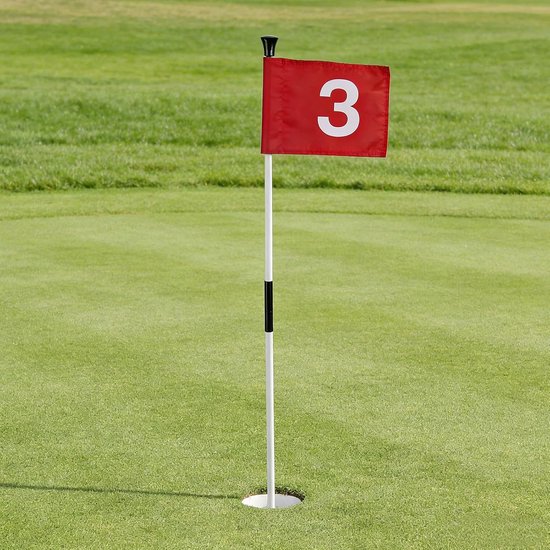 4-delige Golf Putting Green Vlaggen Set met Dubbelzijdige Genummerde Vlaggen, Afneembare Vlaggenmast, Ideaal voor Golftraining en Oefeningen, Hoogte 83 cm, Diameter 10,7 cm, Duurzaam Nylon in Rood — afbeelding 4