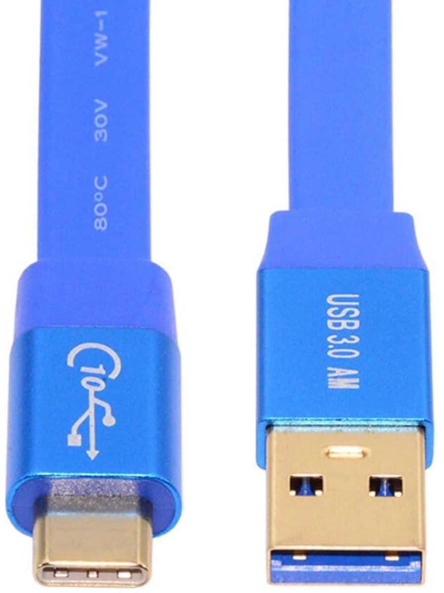 SnelShoppen - USB C Flat Kabel 1.64FT/0.5M, USB 3.0 Man naar USB C Man, PD 15W Snellader, 10Gbps Gegevensoverdracht, Flexibel en Ruimtebesparend, Blau