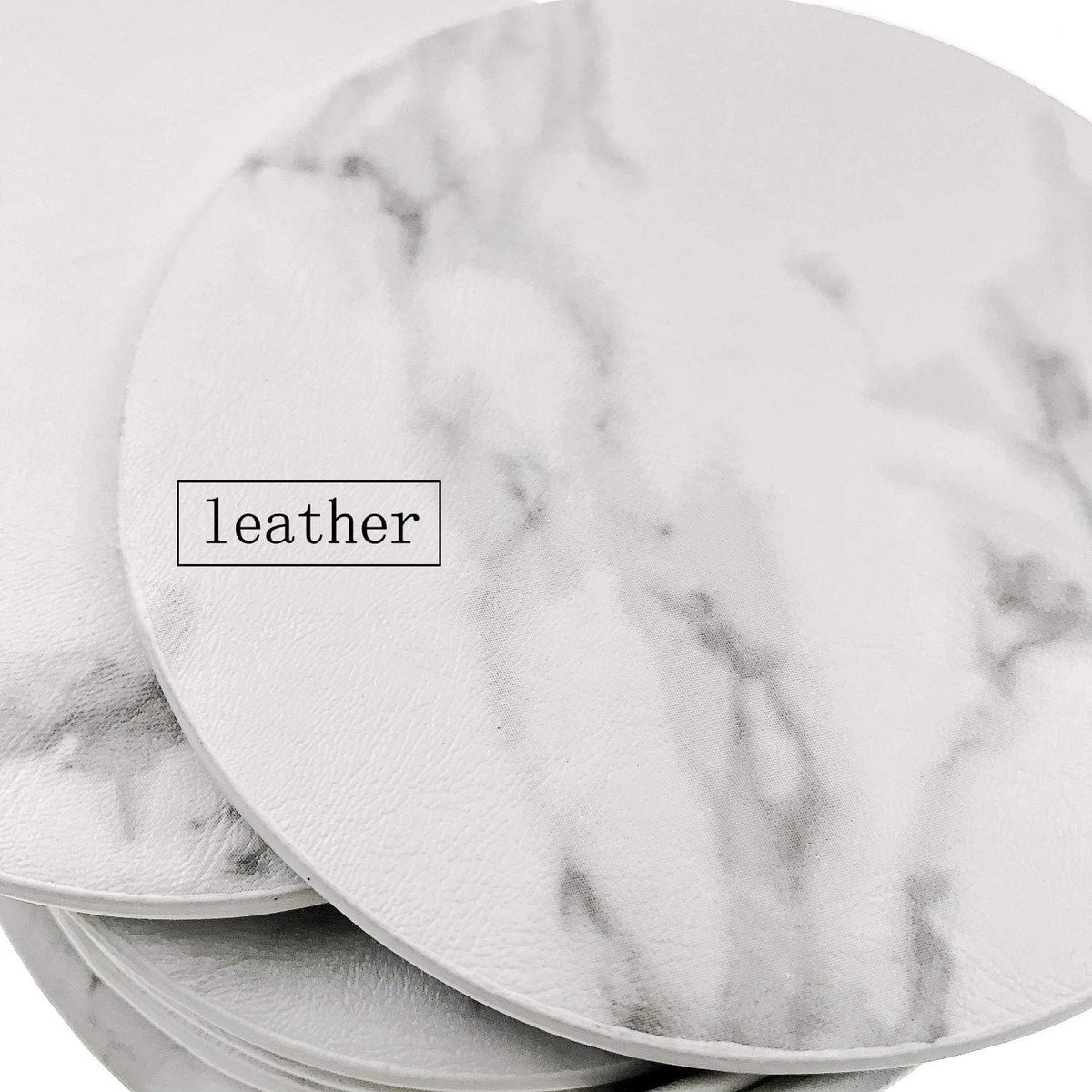 SnelShoppen - Set van 6 Witte Marmer Effect Leren Coasters voor Dranken met Houder, Rond 9.6cm voor Bekers, Glazen en Mokken, Elegante Onderzetters vo