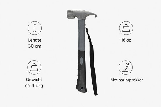 Campinghamer 16 oz met haringtrekker - 30 cm - staal en rubber — afbeelding 3