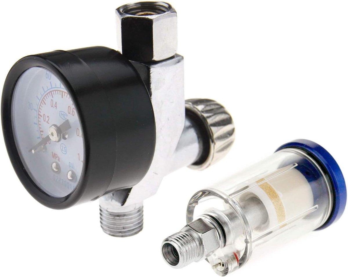 SnelShoppen - D2D In-line Water Trap Filter Tool Set met Spuitpistool en Luchtregulator - 1/4" F x 1/4" M - Max Druk 180psi/12bar - Voor Tuin, Camping