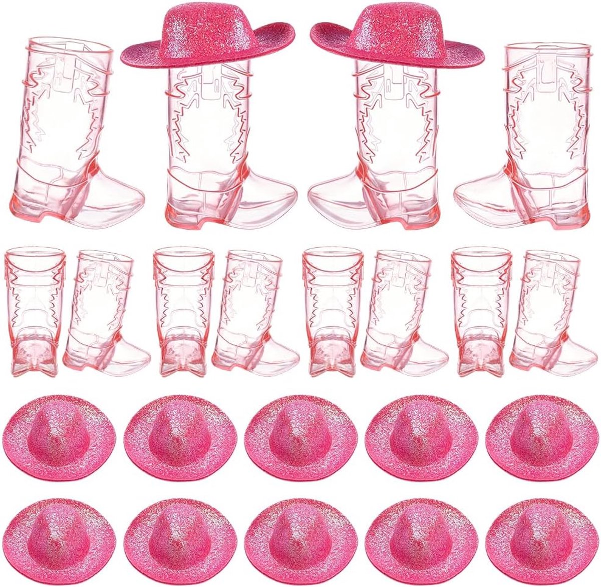 SnelShoppen - 12 sets roze cowboys hoeden en cowboys boot shotglazen mini plastic bekers - herbruikbare westerse cowboy kopjes voor bruiloft en thema