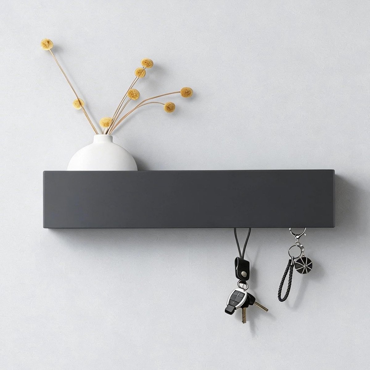 SnelShoppen - Sleutelbord met Opbergruimte, Sleutelhouder Wand met 5 Haakjes, Sleutelschap Metaal en Hout, Ruimtebesparend, 30 x 3 x 6 cm, Zwart, voor
