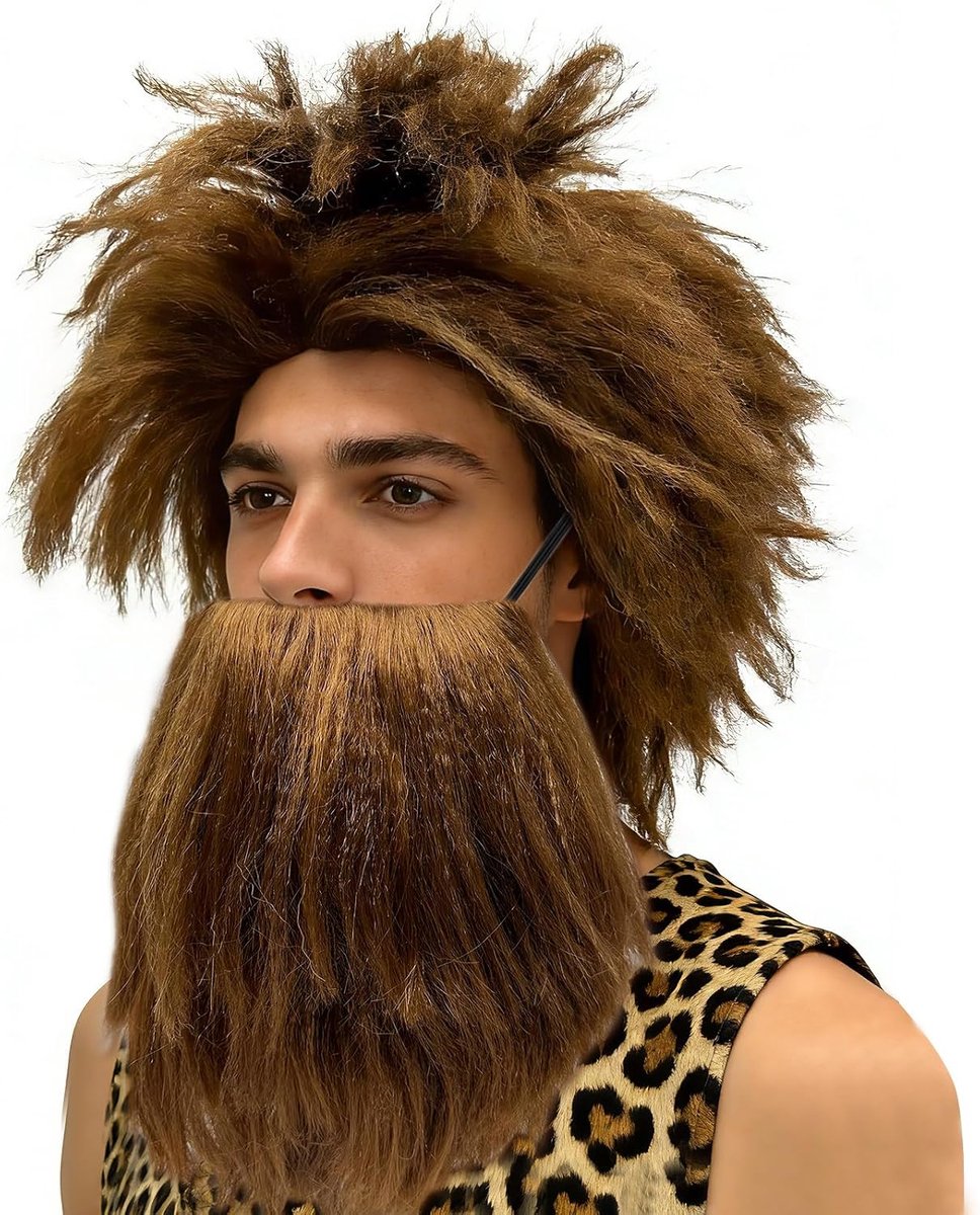 Herenlange pruik met snor - bruine vikingbaard - krullend haar - ideaal voor kostuums - ShopVlot