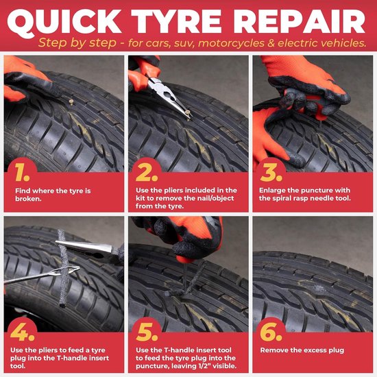 Tubeless Bandenreparatieset - Lekke Band Kit - Noodreparatie Onderweg - Universeel Voertuig Gebruik - 7 Delig - Zwart — afbeelding 2