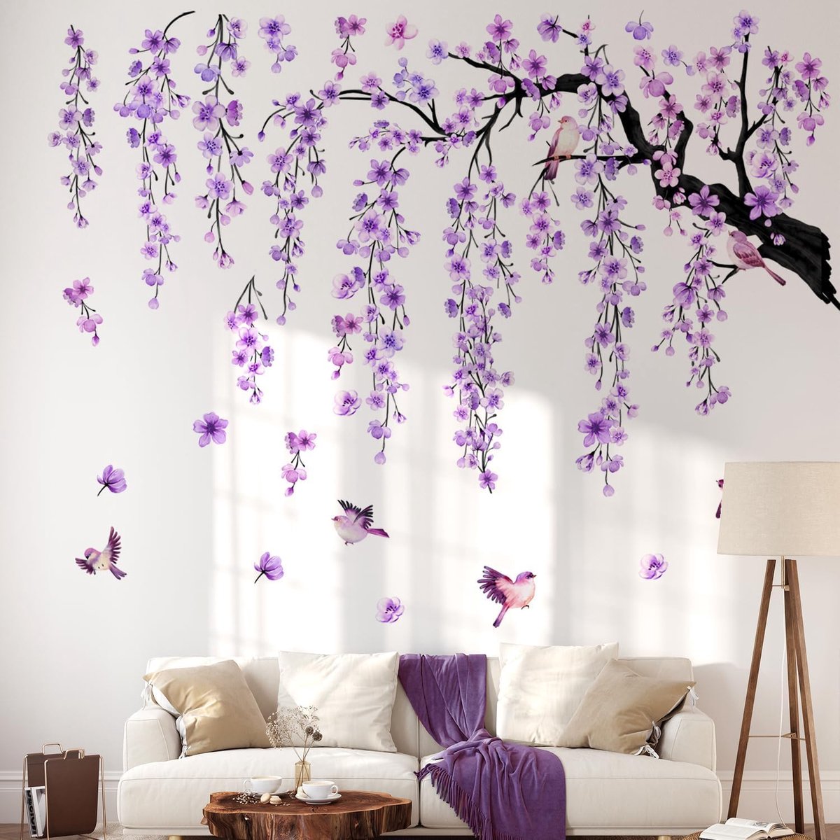SnelShoppen - Extra Grote WandSticker - XXL Wandtattoo Kersenbloesem Boom in Paars (143 x 112 cm) I Watercolor Wandsticker met Hangende Bloemen en Vog