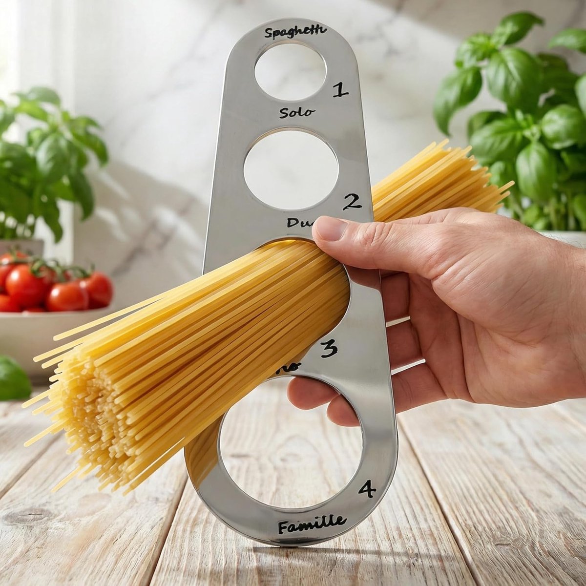 SnelShoppen - RVS Spaghetti Maatlepel voor 1-4 Personen, Pastakruiden, Roestvrij, Ruimtebesparend, Afwasmachinebestendig, 18,5 x 6,5 cm, Zilver