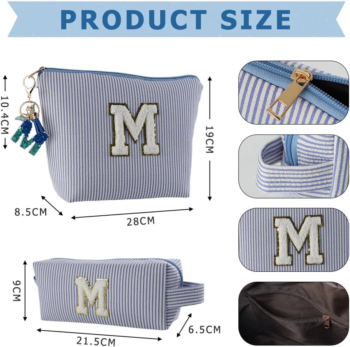 SnelShoppen - Make-up Tas met Sleutelhanger en Initialen - Persoonlijk Cadeau voor Vrouwen en Meisjes - Blauw - 28x19x8.5 cm - Perfect voor Moeders, V