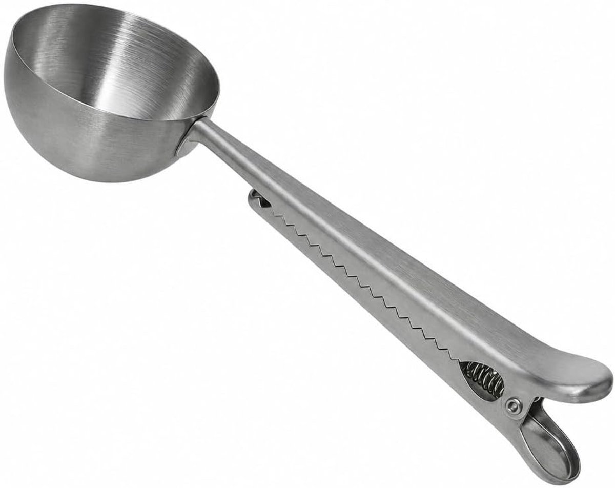 SnelShoppen - Maatlepel 18 cm RVS met Clip, Perfect voor Koffiepoeder en Thee, Sluitzakje voor Aroma en Orde in de Keuken