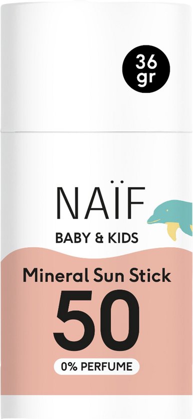 Bâton de protection solaire Naïf Baby & Kids SPF 50, 36gr, 0% parfum, emballage blanc avec accent rose et logo dauphin.