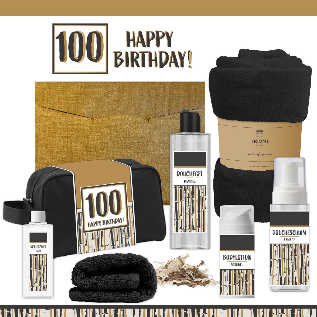 Geschenkset “100 Happy Birthday!” - 7 producten - 1390 gram | Giftset voor hem Vader Honderd jaar Cadeau Luxe Wellness Pakket Man Speciaal Cadeaupakket Doos Handdoeken Fleecedeken Geschenk Cadeaudoos Verjaardag Vriend Gift Set Douche Zwart Goud