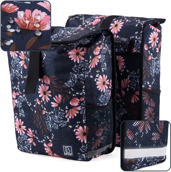 Brisby Dubbele Fietstas Rolltop Zwart 39-48L Waterdicht Geschikt voor Elektrische Fietsen & E-Bike - Japanese Flower van Brisby — afbeelding 3