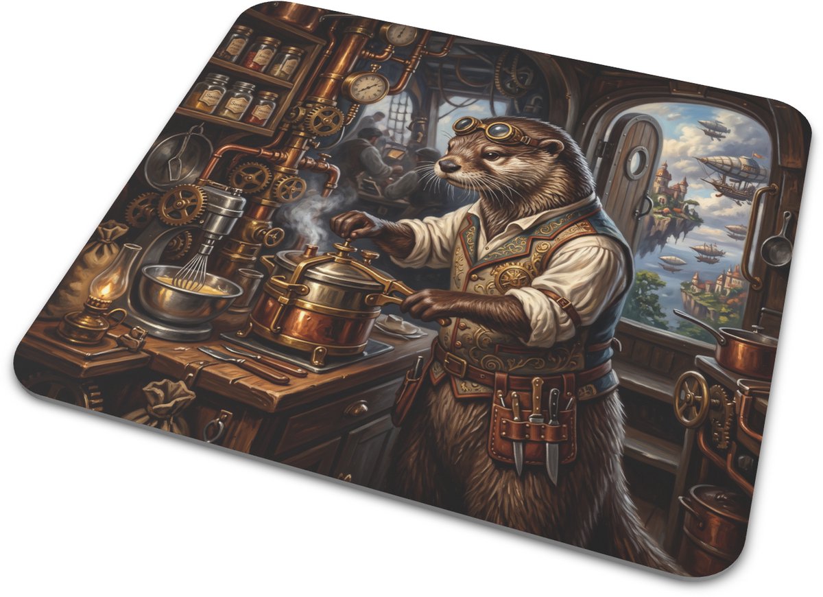 Muismat Steampunk Otter Kok in Keuken van Luchtschip Renaissance Olieverf Kunst Stijl Schattige Bureau Onderlegger voor Thuiswerk en Kantoor Grappig Cadeau voor Dierenliefhebber en Kookfan