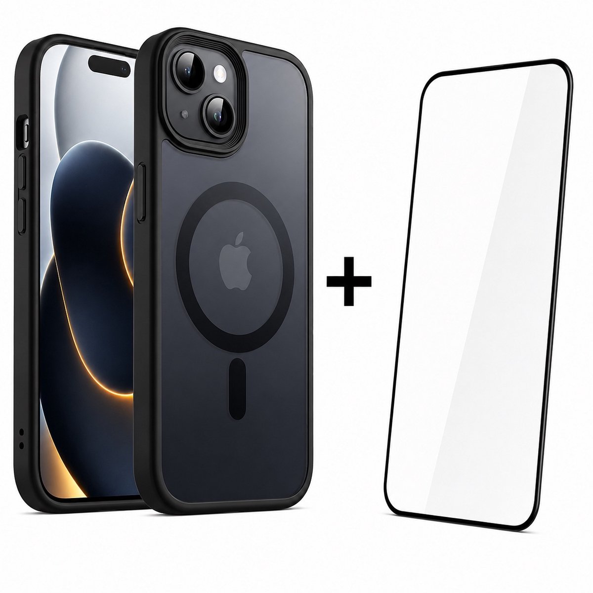 Hoesje - Geschikt voor Apple iPhone 14 - Screenprotector geschikt voor iPhone 14 - 2 in 1 set - Slank Shockproof en Geschikt voor Magsafe iPhone 14 - Transparant Zwart