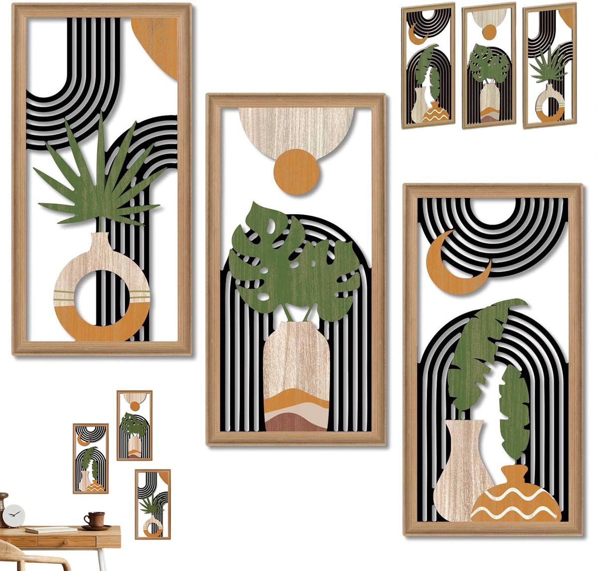 Wishdor 3-Delige Houten Wanddecoratie - Boho Muurkunst - 40x20 cm - Botanisch & Geometrisch - Wandpaneel Set - Voor Woonkamer & Slaapkamer
