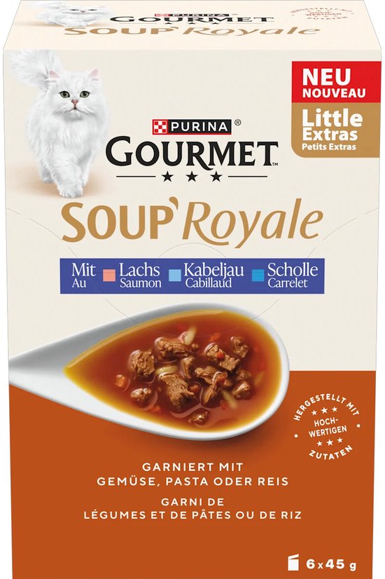 DOOS Purina GOURMET SOUP ROYALE kattenvoer met witte kat, een lepel soep, met zalm, kabeljauw en schol.
