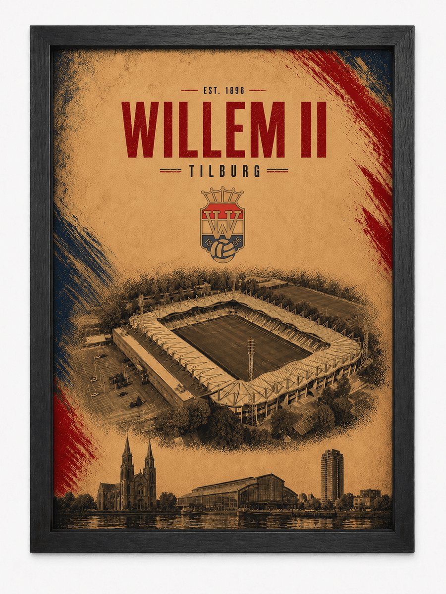Willem II Poster | Tilburg Voetbalposter met Stadion | Inclusief Zwarte A4 Lijst