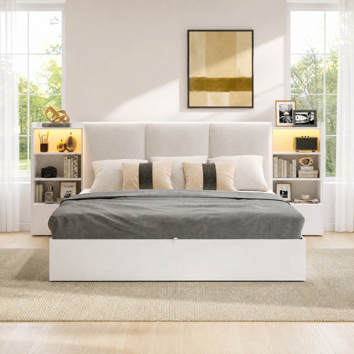 STILVORA Bedframe 180 x 200 cm Zonder Matras – Gestoffeerd Hoofdbord Met LED Verlichting – Hydraulische Opbergruimte En 6 Vakken – Wit