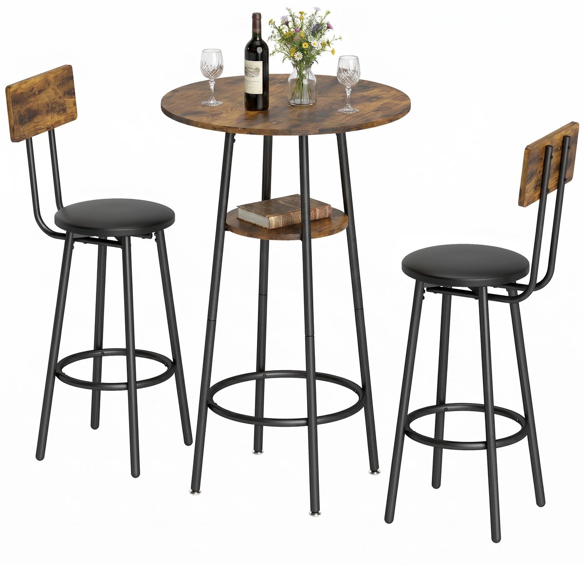 ECTEATOY® Bartafel met 2 Barkrukken - Industriële Bartafelset - Voor Keuken, Woonkamer en Eetkamer - 60x60x91 cm - Bruin
