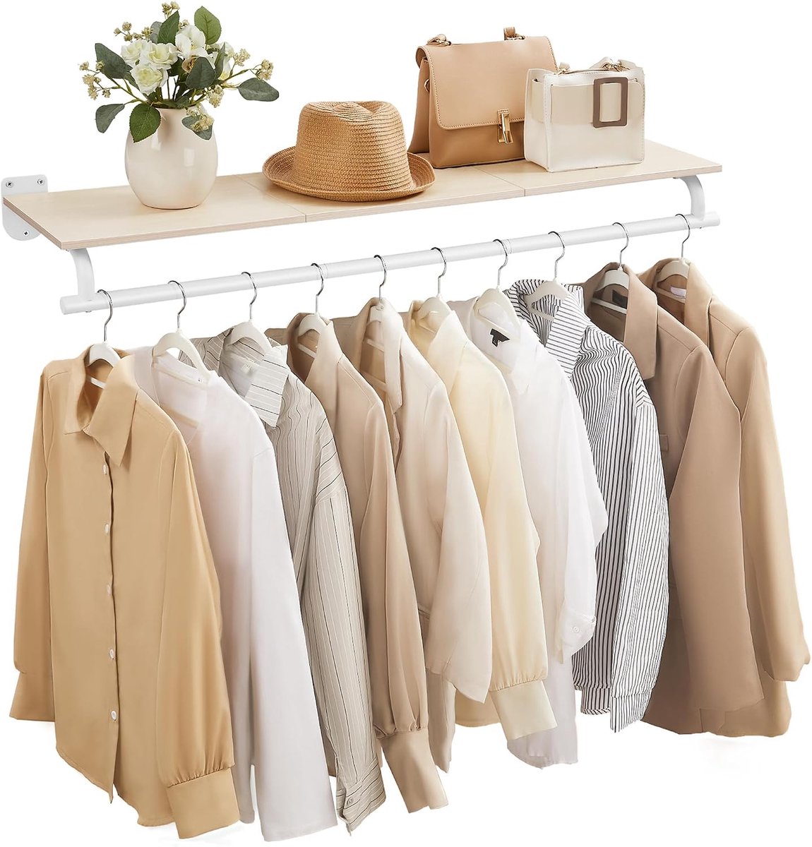 SONGMICS HSR135W01 wandkapstok met kledingstang totale belasting 60 kg 28 x 109 x 13,2 cm voor slaapkamer kleedkamer natuurlijk beige wolkwit