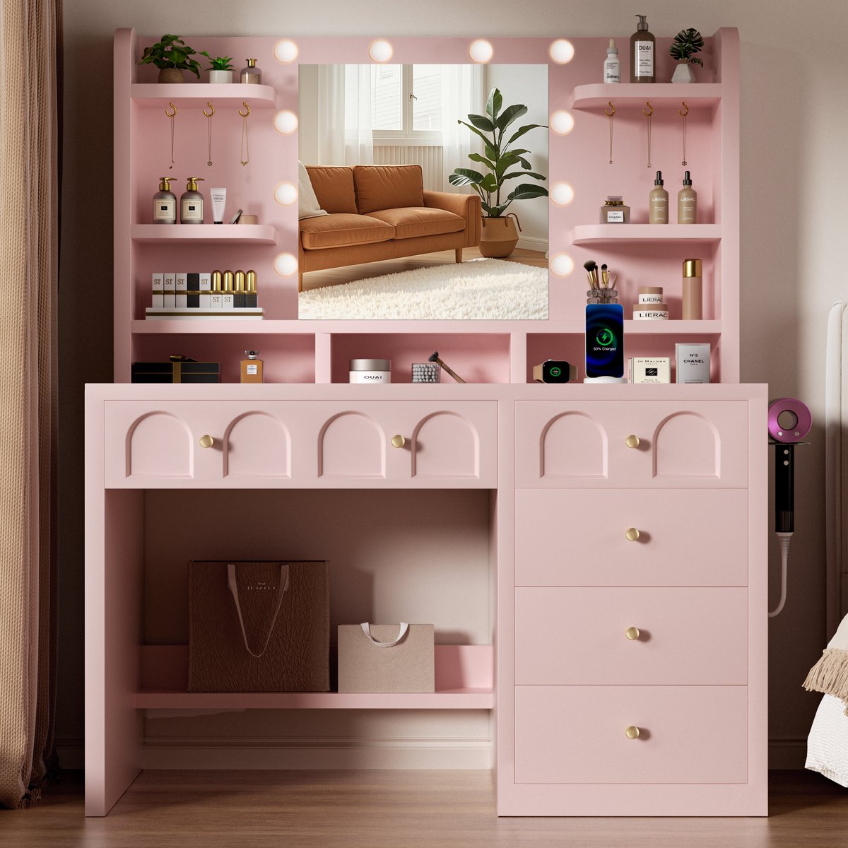 Lexzurn Kaptafel - make up tafel met spiegel - 3 soorten LED-verlichting - Met kettinghaken - met haak voor föhn - met stopcontact en USB-poorten - 145x90x40 cm - geschikt voor slaapkamers en kleedkamers - roze