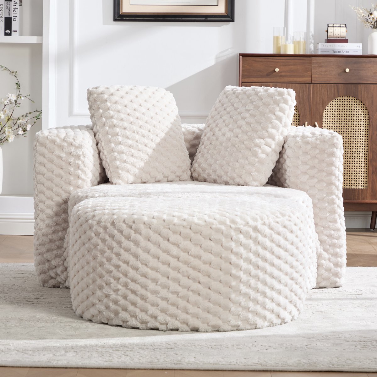 Schaumstuhl Met Hocker - Comfortabel Kunststof Modern Meubel voor Alle Woonruimtes - 129x116x65 cm, Beige