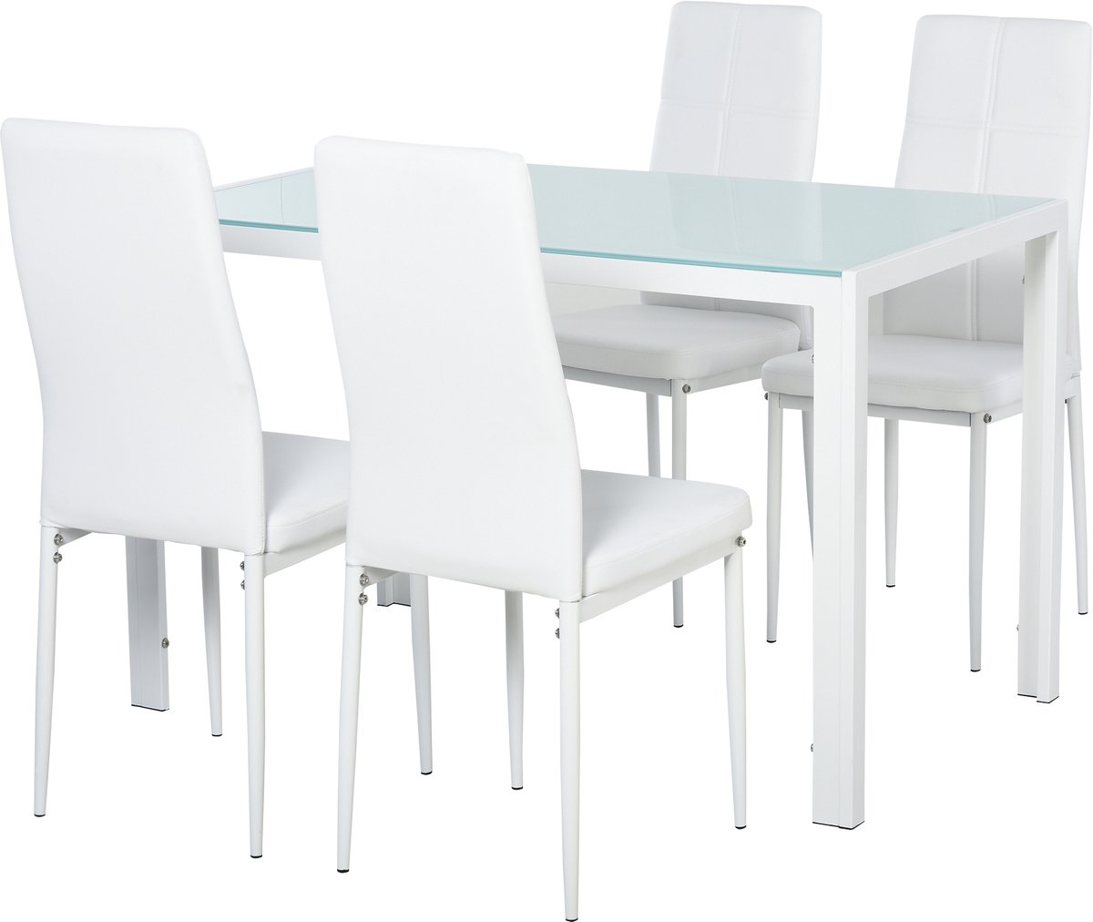 Rechthoekige eettafel met glazen blad - geschikt voor 4 personen - inclusief stoelen - geschikt voor de keuken en de woonkamer - wit
