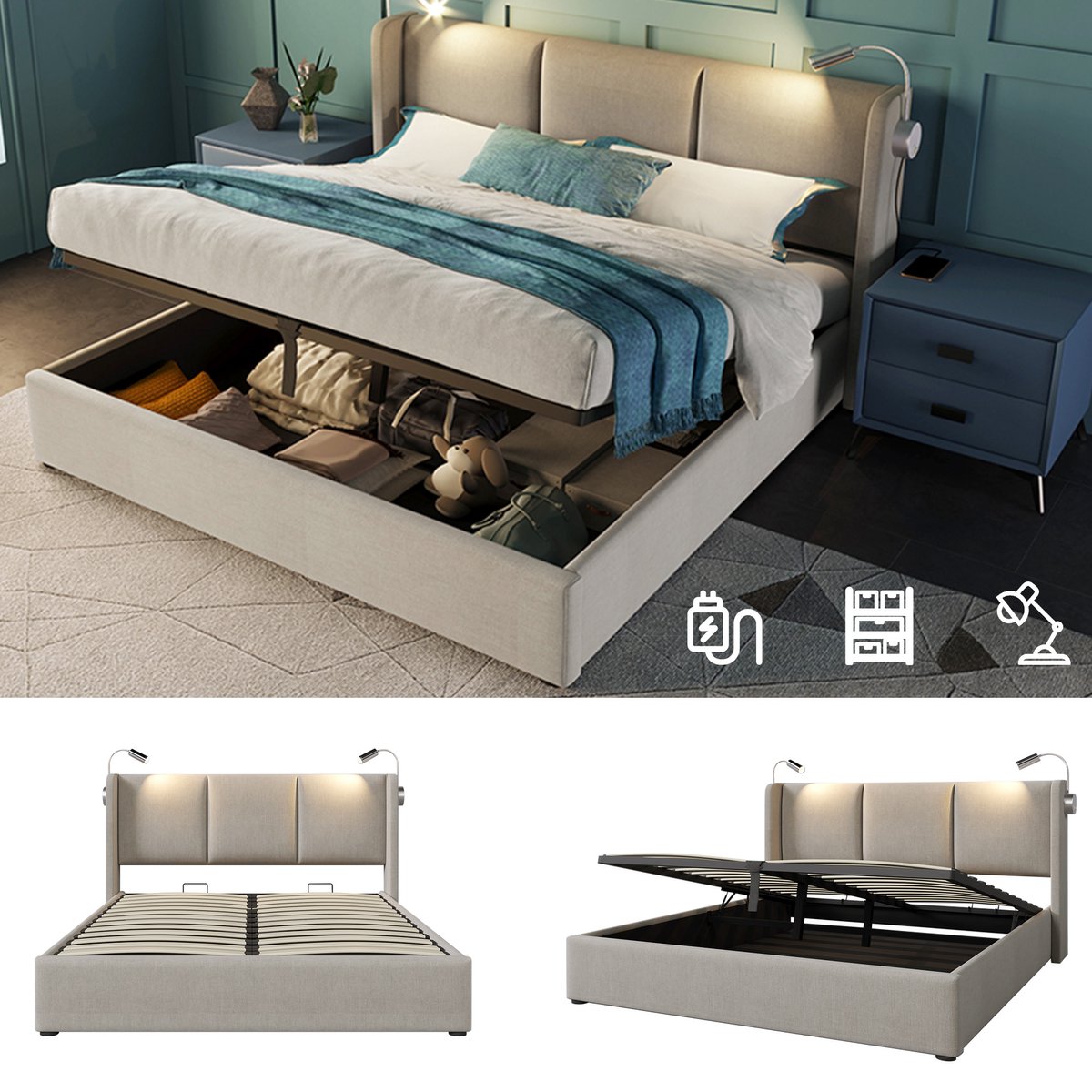 VVBV Tweepersoonsbed 180x200 cm - Hydraulische Opbergruimte, Leeslamp, USB-Aansluiting, LED-Verlichting - Beige, Linnen