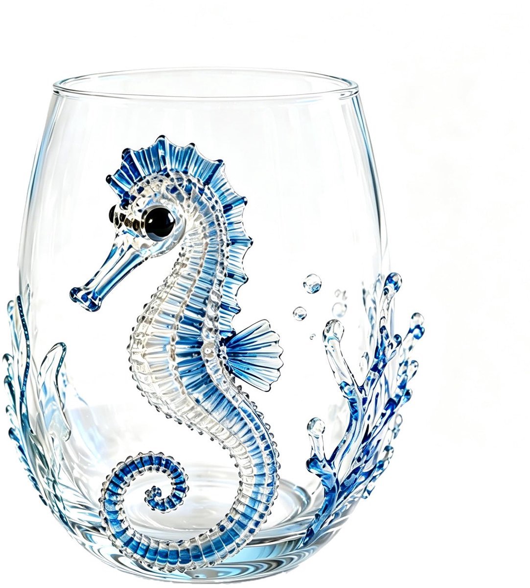 Casalora® Handgemaakt 3D Wijnglas zonder Voet – Maritiem Dier Design – Artistiek Drinkglas – Kustdecoratie – Cadeau voor Oceaanliefhebbers – Zeepaardje