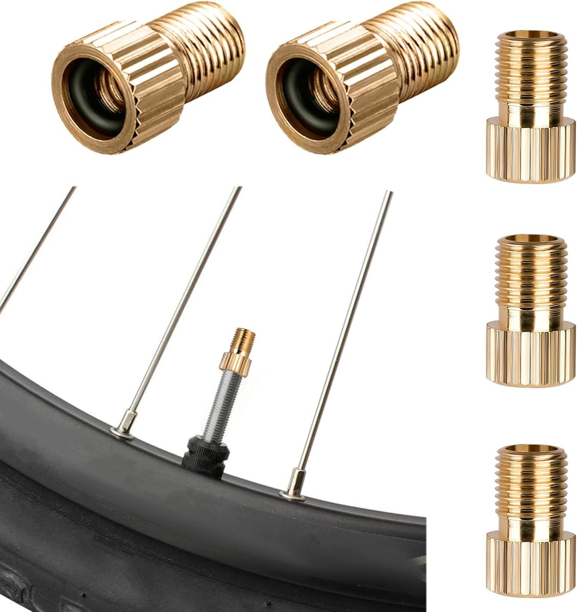 Set van 5 Franse ventieladapters met afdichtingen, DV/SV naar AV ventieldopjes, messing ventielstelen voor tubeless fietsbanden.