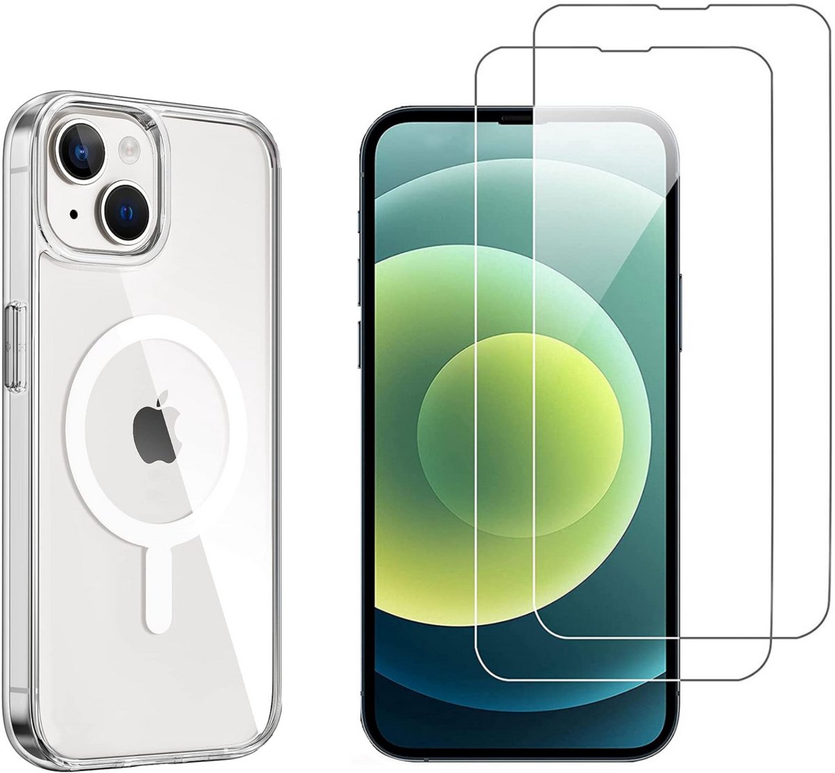 iPhone 13 Hoesje backcover Shockproof siliconen Transparant met geïntegreerde magnetische cirkel en 2 stuks Screenprotector Gehard Glas